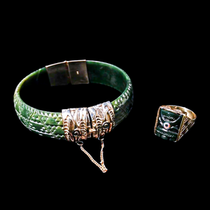 Carved NZ Jade Gold Embellished Bangle and Carved Greenstone Marquee Ring