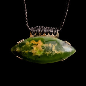 Gold & Silver Wrapped Pounamu Flower Jade Marquee Necklace with Traditional Binding