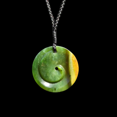 Koru Banded Raukaraka- Greenstone Spiral Pendant - Sands Carving Studio