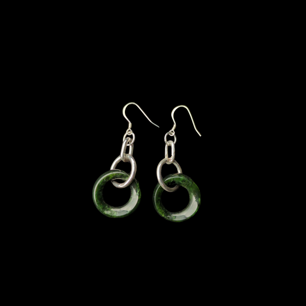 Kawakawa and Sterling Silver Mau Taringa - Bi Disc Pounamu Earrings