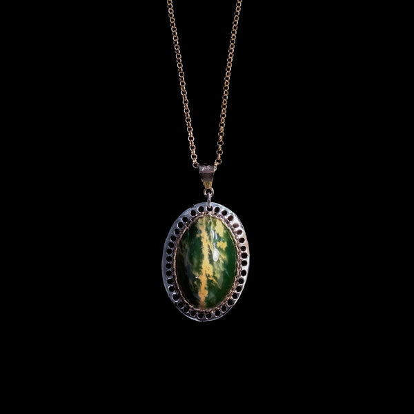 Flower Jade Oval Pendant Necklace
