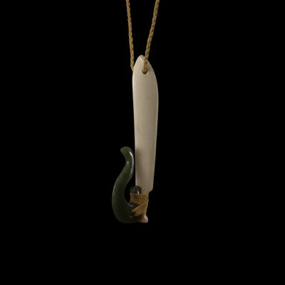 Hei Matau Kahurangi Parāoa - Greenstone & Whalebone Fishhook Pendant - Sands Carving Studio