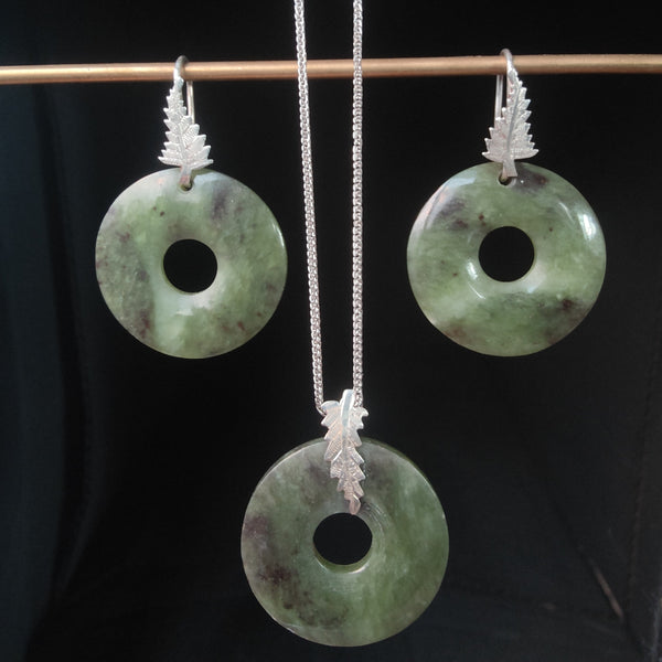 Pounamu Marama and Silver Fern Jewellery Set