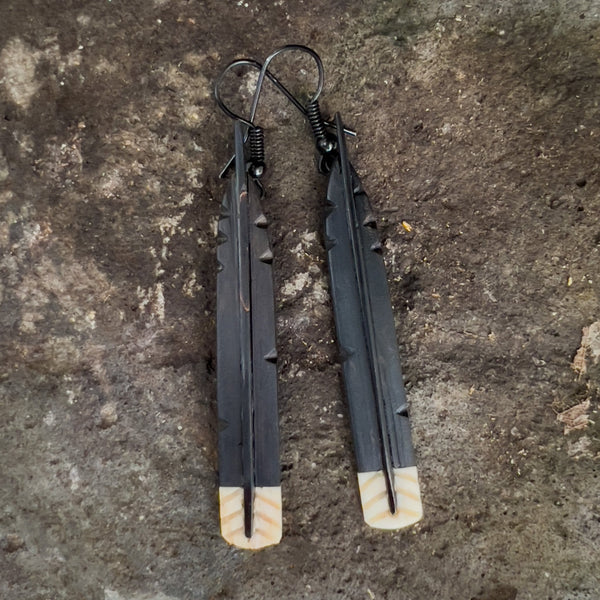 Huia Mau Taringa - Black Coral & Whale Bone Feather Earrings