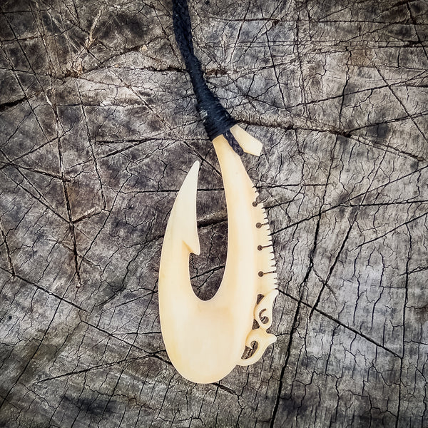 Antiqued Bone Hei Matau - Ornate Bone Fish Hook