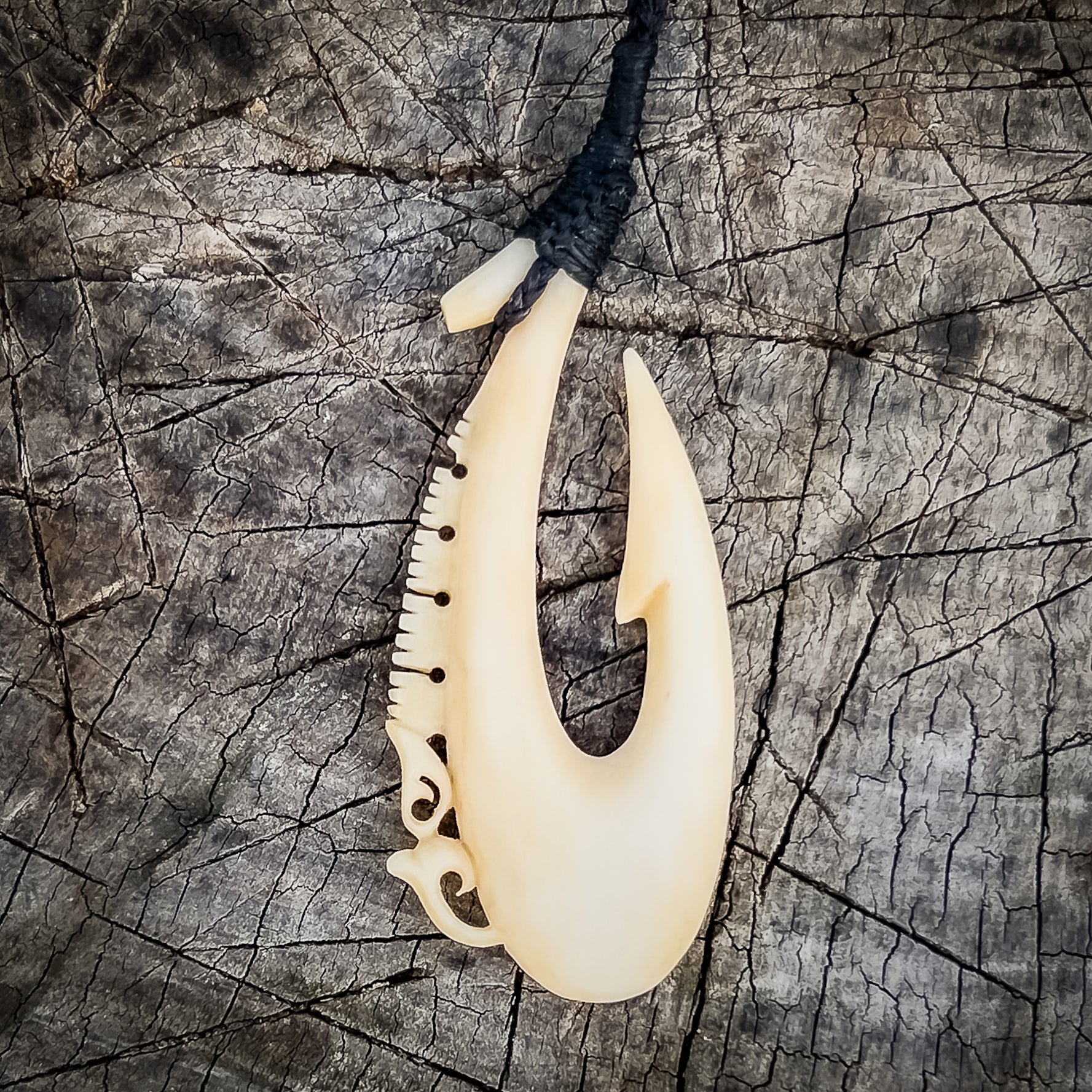 Antiqued Bone Hei Matau - Ornate Bone Fish Hook