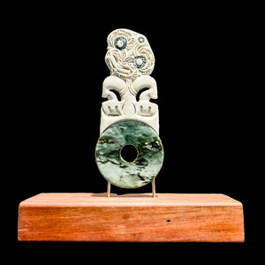 Whale Bone Hei Tiki Porohita Pounamu Disc Sculpture