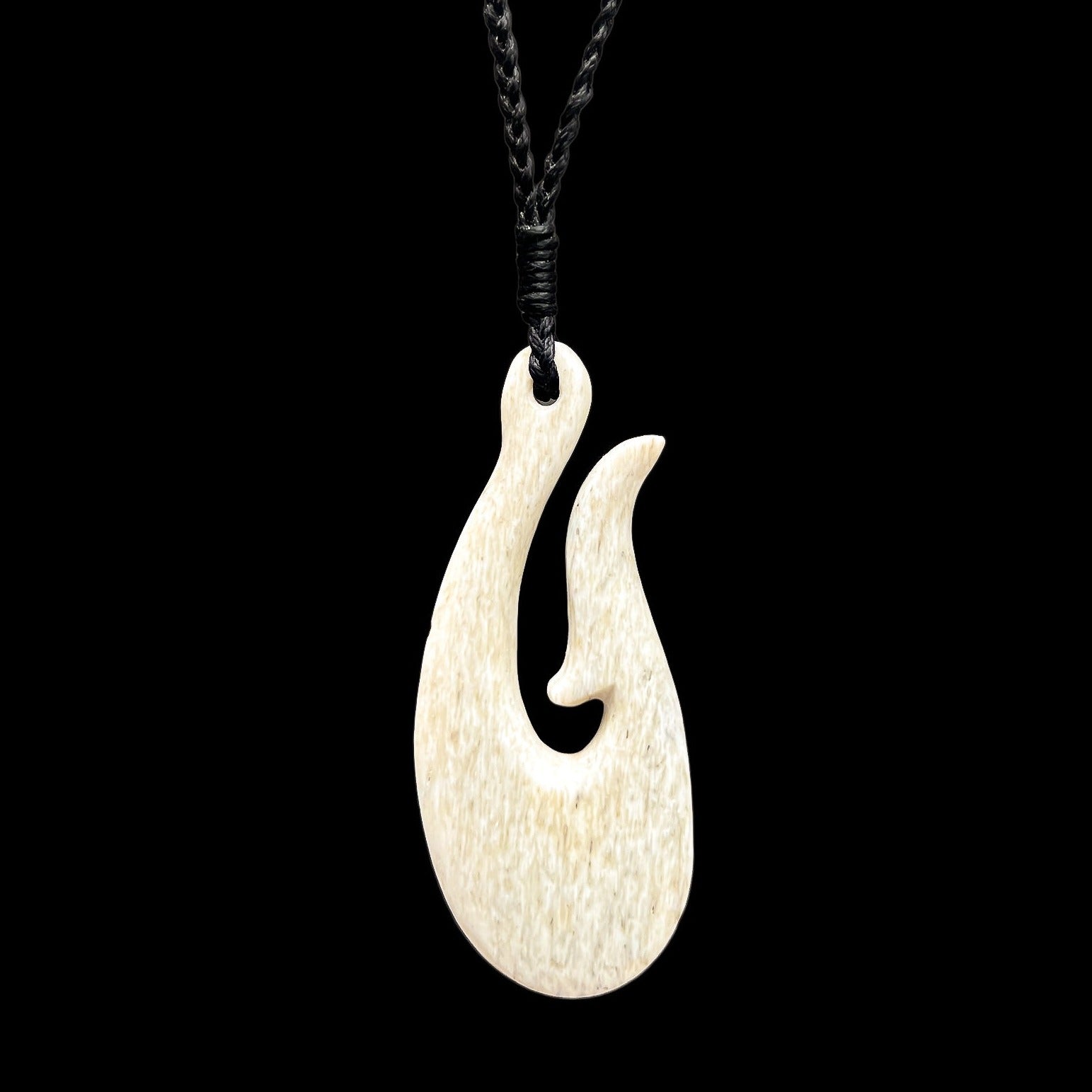 Cow Bone Fish Hook with Black Enamel Carving Necklace 25x42mm
