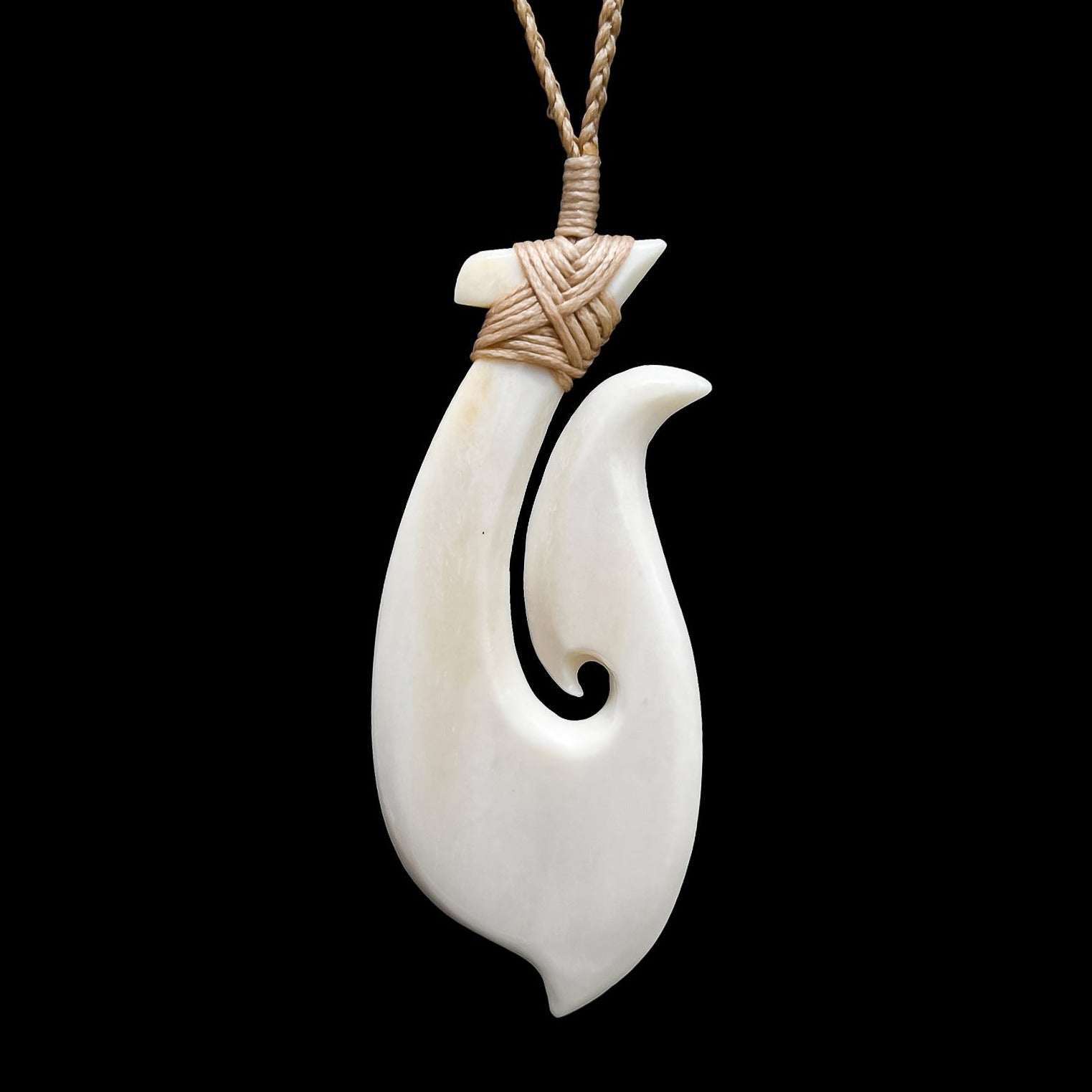Koru Hei Matau  Contemporary Bone Fish Hook Pendant - Sands Carving Studio