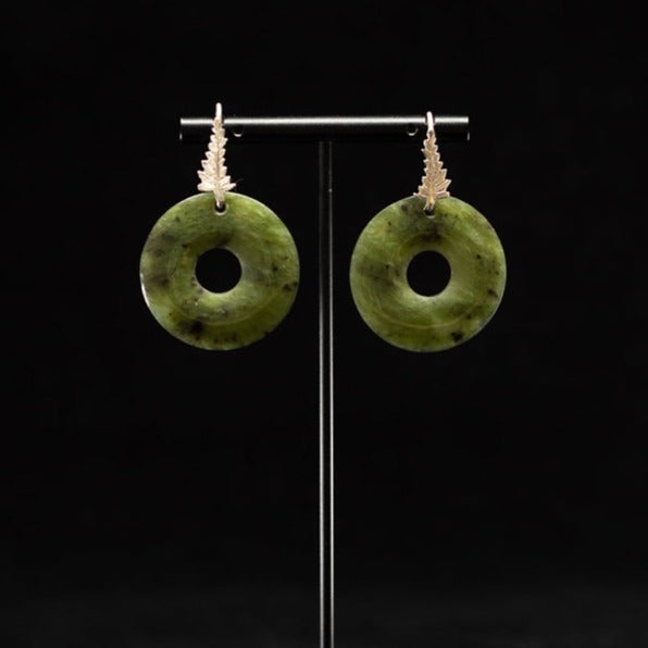 Pounamu Marama - Maori Jade Moon Earrings with Silver Leaf Hooks