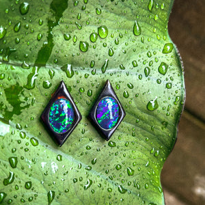 Black Jack Kauri Gum & Opal Mau Taringa - NZ Amber and Opal Sterling Silver Diamond Shaped Earrings